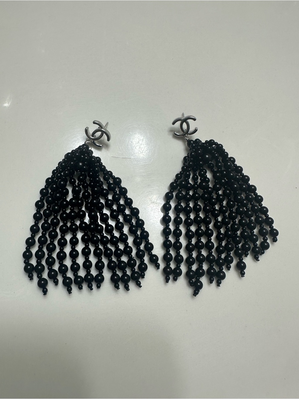 🌟 CHANEL Black Beaded Fringe CC Drop Earrings